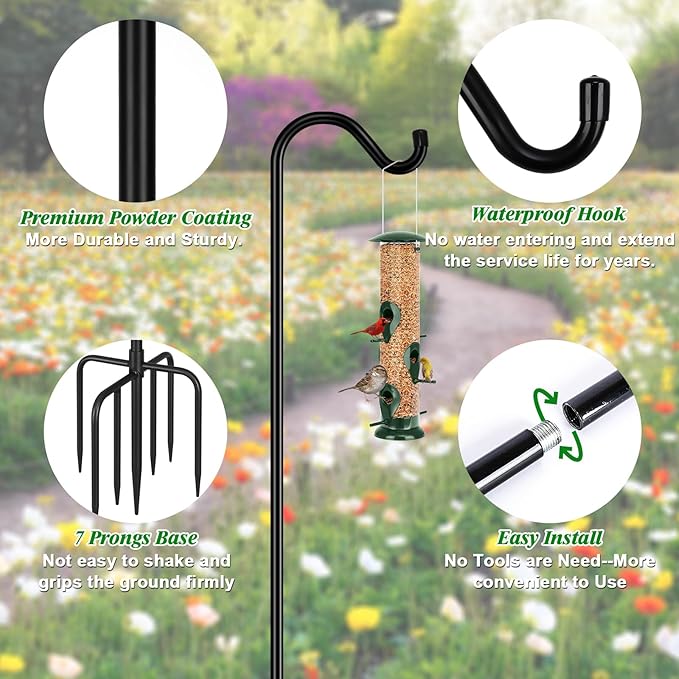 FEED GARDEN Shepards Hooks for Outdoor Bird Feeder Pole 76 Inch Adjustable Tall Heavy Duty Shepherds Hooks for Hanging Plant Baskets, Solar Lights, Wedding Decor, Lanterns, Black (2 Pack)