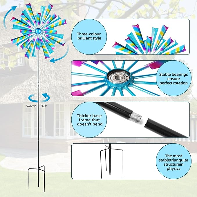 Decoroca Wind Spinners Outdoor Metal Large - 72in 360 Degrees Rainbow Wind Spinner for Outdoor Yard, Patio, Lawn & Garden Sculptures - Rare Square Fan Blade Design - Used to Adjust Mood in Garden