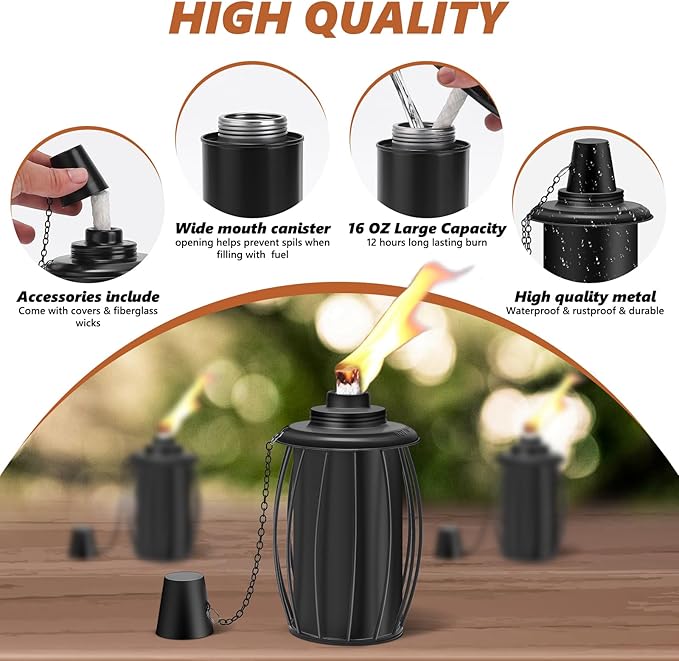 6-Pack Upgraded Torch Canisters,16oz Replacement Torch Refillable Canisters with Wicks,Caps, Outdoor Citronella Fuel Torch Canister for Luau Party, DIY Garden Decor.