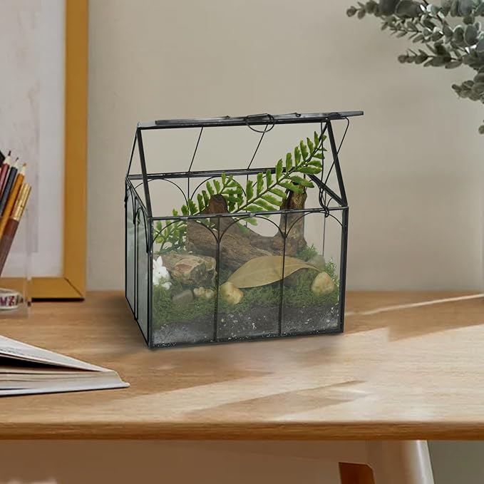 Ferrisland Glass Terrarium Plants with Lid, Black Geometric Terrarium Jar for Succulent Air Carnivorous Plant Moss Snail, House Shape Mini Tabletop Greenhouse Indoor Decor DIY Present (Only Terrarium)