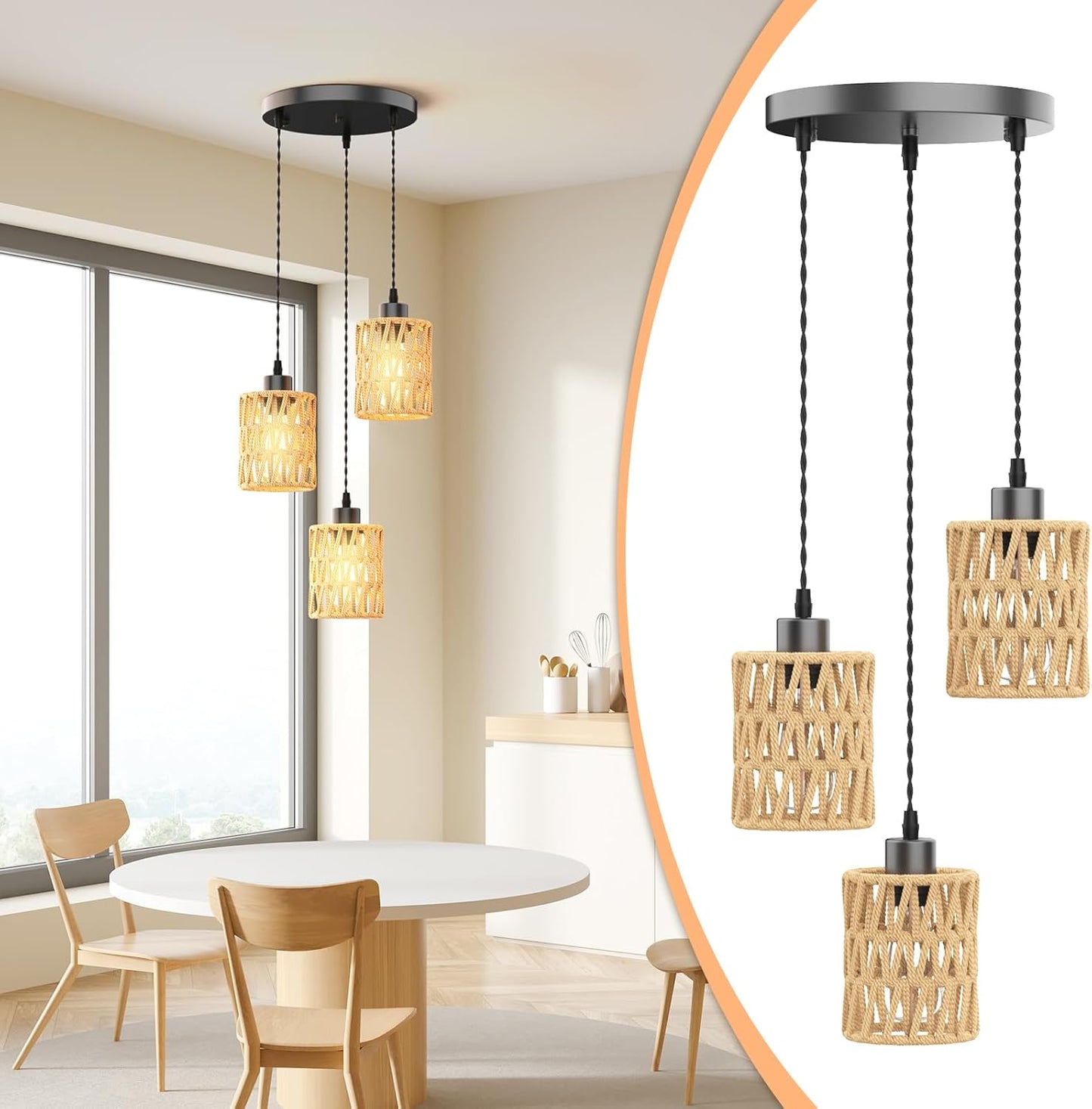 3 in 1 Farmhouse Hemp Rope Pendant Light - Rustic Hand-Woven Rattan Hanging Light Fixture for Kitchen Island,Dining Room,Bedroom- Wicker Cage Chandelier-Coastal/Nautical/Boho Style Lighting Fixture