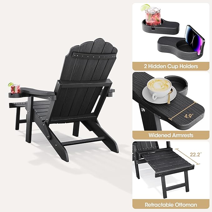 Folding Adirondack Chair with Retractable Ottoman Fire Pit Patio Chair with Adjustable Backrest, 2 Cup Holder Weather Resistant Outdoor, Patio, Lawn, Garden, Backyard Deck, Fire Pit, Black