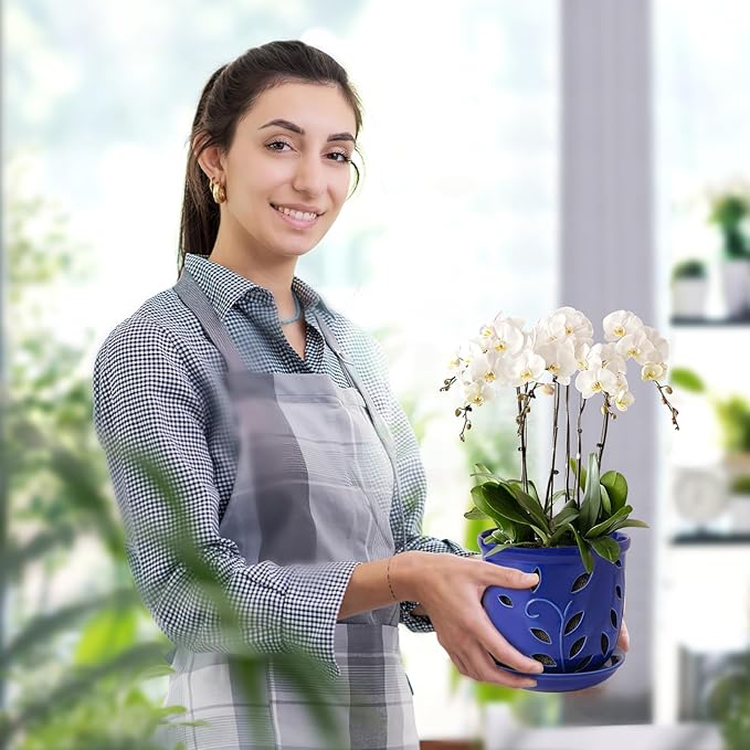 6.1 in Ceramic Orchid Pot with Holes & Saucers, Large Orchid Planter for Indoor Outdoor Home Decor, Flower Plant Pot with Drainage for Repotting, Blue