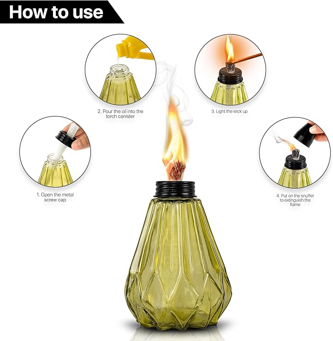 Deco Window Pack of 4 Table Torch for Indoor Outdoor Citronella Oil Tabletop Glass Lamp Landscape Multicolored Lantern with Fiberglass Wick & Cap for Garden Patio Yard Party Decor Light