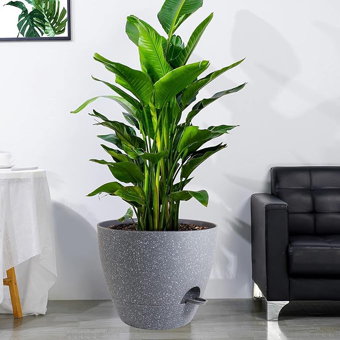 12 inch Large Self Watering Pots, Plastic Planters with 60oZ Removable Deep Reservoir and Multi Mesh Drainage Holes for Indoor Outdoor Garden Plants and Flowers, Grey Speckles