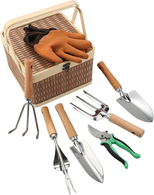 8 Piece Heavy Duty Gardening Hand Tools Set with Bamboo Gift Box Pruning Shears, Weeder and Heavy Duty Stainless Steel Gardening Tools with Wooden Handles - Ideal Gardening Gift for Women