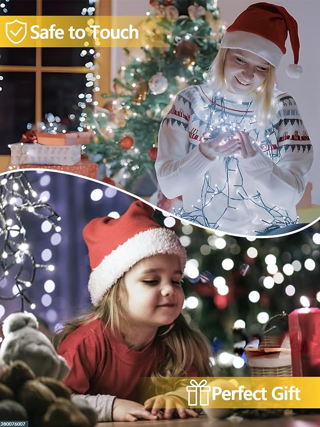 EEW 2-Pack 200 LED Solar String Lights for Outside, Solar Christmas Lights with 8 Lighting Modes, Waterproof Green Wire Solar String Lights Outdoor for Tree Xmas Party Garden Decorations (Cool White)