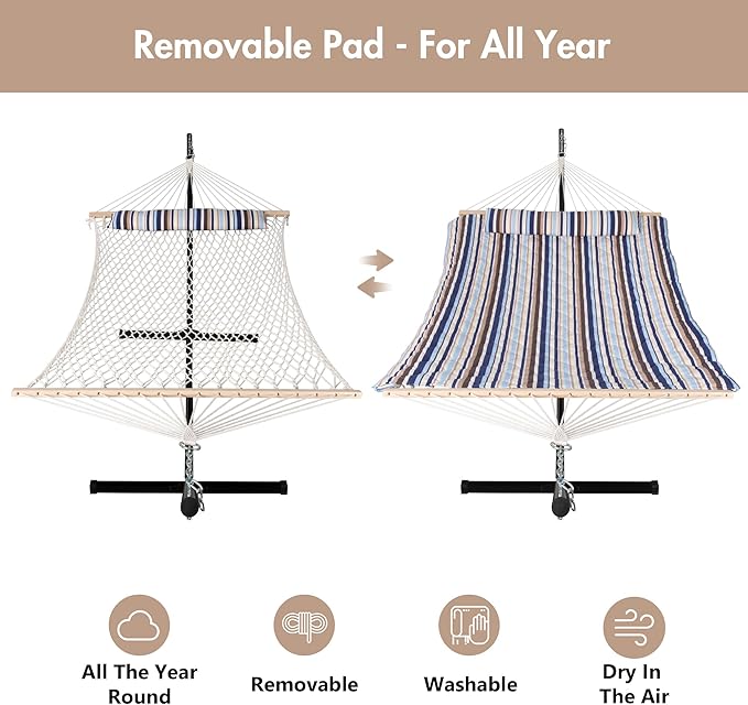 ANOW Outdoor Double Hammock with Stand, Portable Hammock with Detachable Pillow and Pad for Garden Yard Outside, 450 LBS Weight Capacity, Blue Seaside