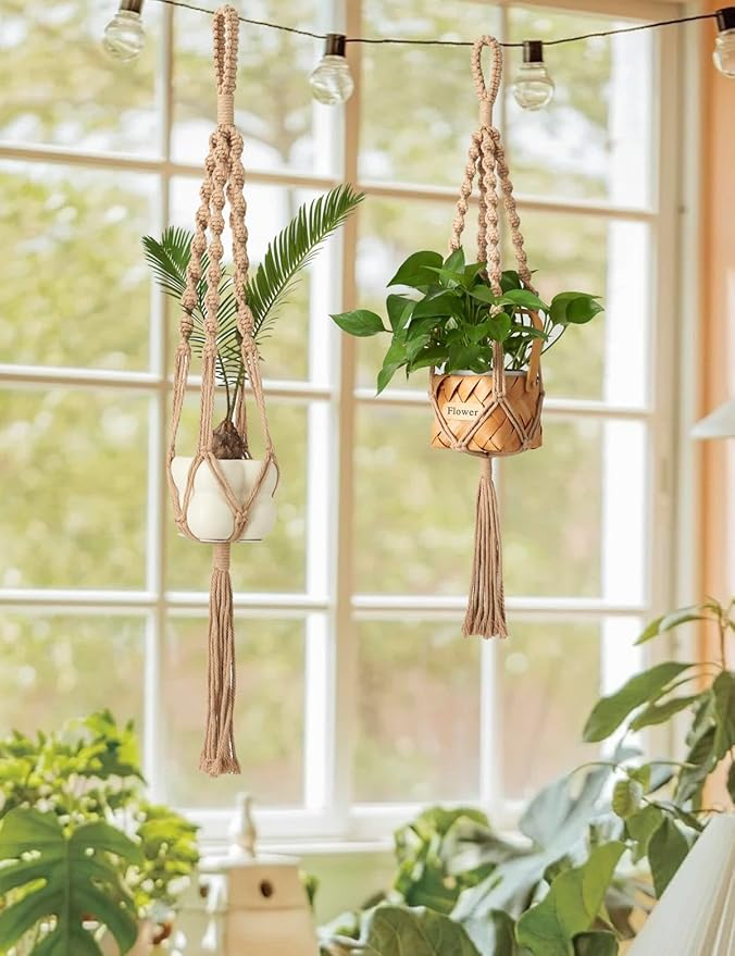 2Pcs Macrame Plant Hangers Indoor & Outdoor (27.56”) Boho Hanging Planters for Indoor Plants, Macrame Wall Hanging Decor for Flower Pots & Baskets (Pots Not Included)