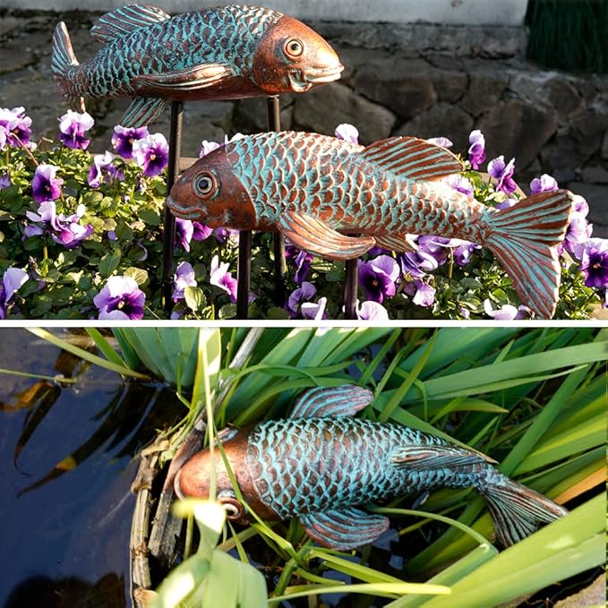 Garden Statues, Koi Fish Decor, Set of 2 Antique Koi Fish Garden Statue,Fish Sculpture Garden for Outdoors, Patio Decor, Backyard and Home Kitchen Decoration