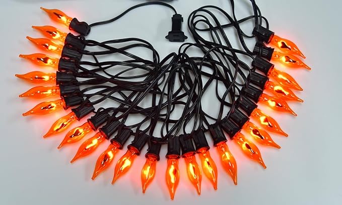 27.8Ft Halloween Decorations Flickering Flame String Lights with 27 Pack Orange Clear Flame Light Bulbs (4 Spare E12 Bulbs), Orange Christmas Lights Outdoor for Home Party Christmas Halloween Decor