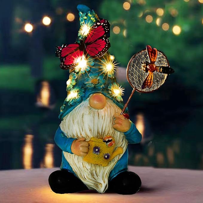Garden Gnome Statues Outdoor Decor Solar Gnomes with Butterfly on LED Lighted Flowers, Resin Blue Gnomes Sculpture for Patio Yard Lawn Onament Decoration