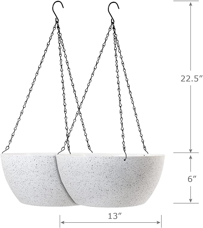 13 inch Large Hanging Planters Plant Pots for Outdoor Indoor Plants with Drainage Holes and Chain, 2 Pack Round Hanging Flower Pots for Garden Home Porch Decor, Speckled White
