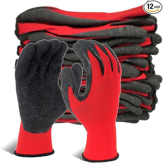 Evridwear Crinkle Latex Rubber Hand Coated Safety Work Gloves for Men Women General Multi Use Construction Warehouse Gardening Assembly Landscaping (M-Size) 12 Pairs Pack
