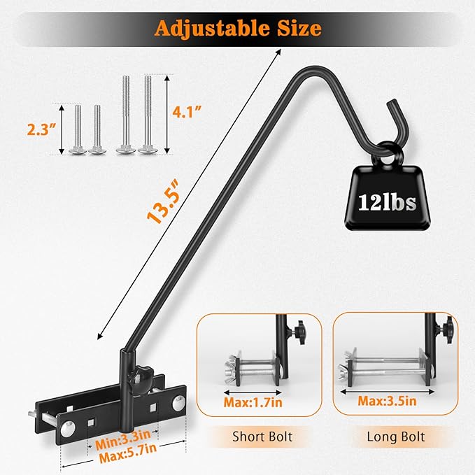 FEED GARDEN Upgraded 2 Pack 13.5 Inch Deck Hooks for Railing, Adjustable Deck Hangers, 360 Degree Swivel, for Hang Humming Bird Feeders,Lanterns, Wind Chimes, Flower Basket and Suet Baskets