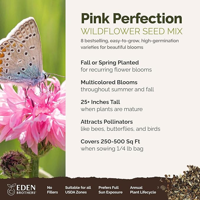 Eden Brothers Pink Perfection Flower Mixed Seeds for Planting, 1/4 lb, 120,000+ Seeds with Zinnia, Cosmos Versailles | Attracts Pollinators, Plant in Spring or Fall, Zones 3, 4, 5, 6, 7, 8, 9, 10
