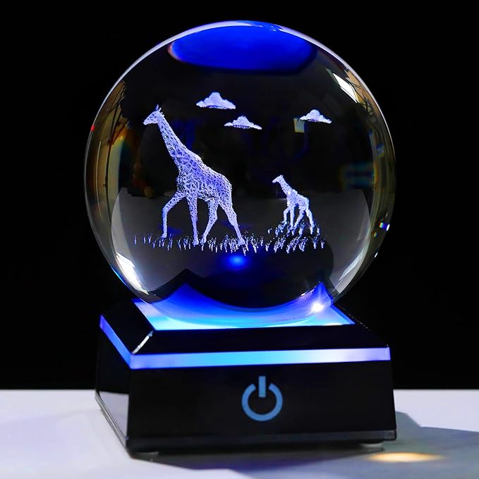Giraffe Gifts for Women Men 3D Crystal Ball 3.14'' - Laser Giraffe Decor Glass Animals Figurines Statue Stuff for Room Night Light Giraffe Gifts for Mom