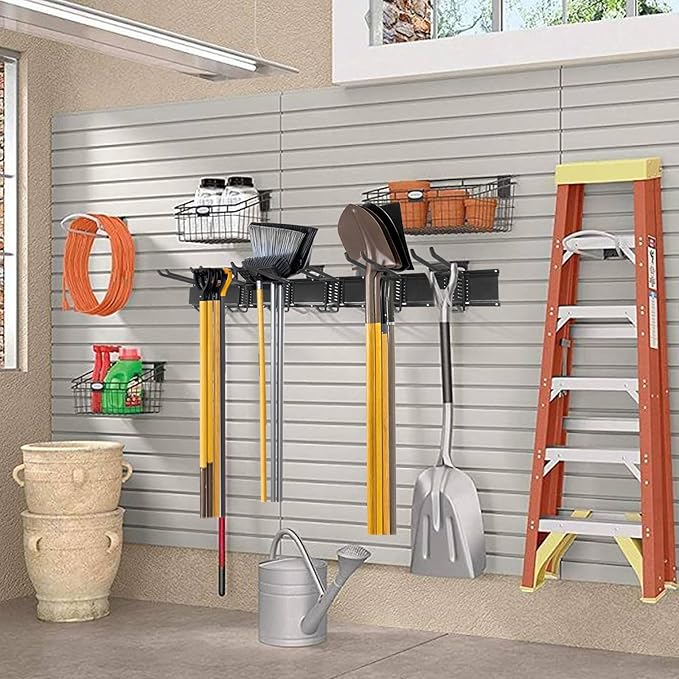 Garage Storage Rack Hooks, 48 Inch Heavy Duty Wall Mount Garage Organization with 3 Rails and 6 Adjustable Double Wall Hooks,Hanging Shelves for Garden Tool/Broom/Mop(Black)