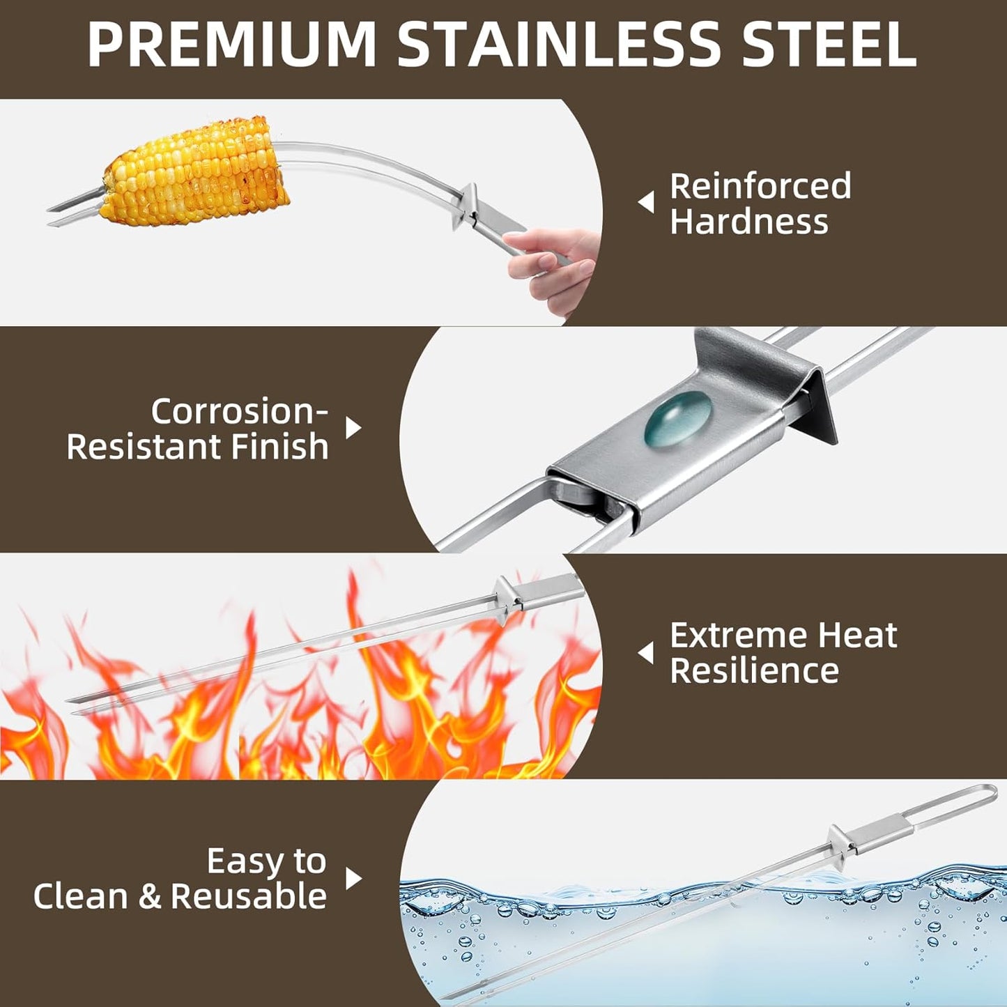 13inch 10(packs) Double Fork Flat Stainless Steel BBQ Skewers with Push Bar, Reusable Skewers for Grilling for Meat, Vegetable, BBQ Accessories