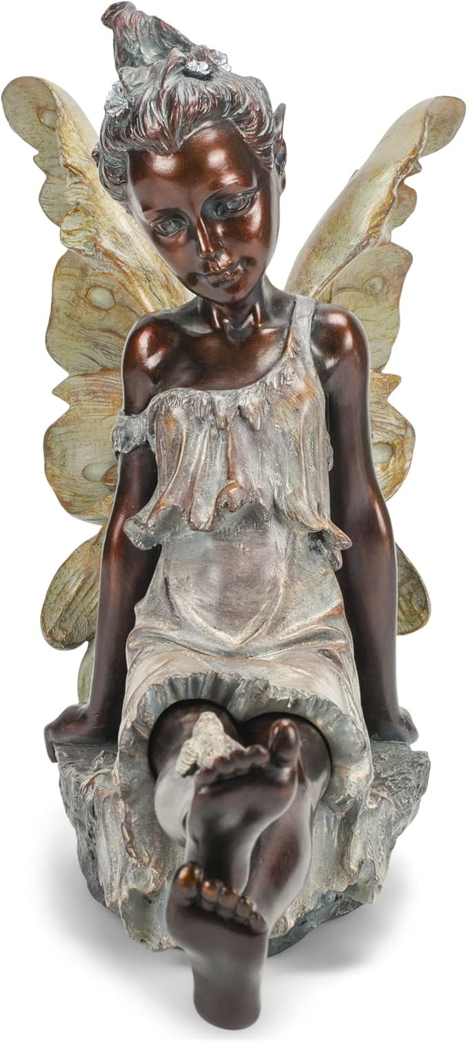 Fairy with Bird Bronze Tone 12.5 x 18 Inch Resin Stone Outdoor Garden Statue