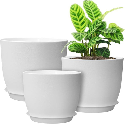 12/10/9 Large Modern Plant Pots, Plastic Planters with Drainage Holes and Saucers for Indoor Outdoor Plants Flowers, White