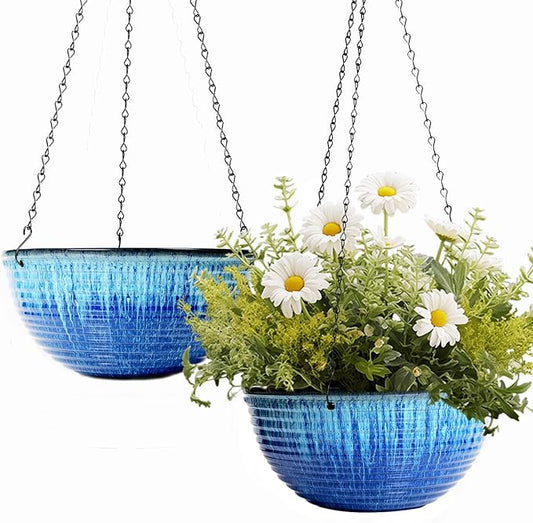 10in Hanging Planters for Indoor and Outdoor Plants, 2 Pack Hanging Planter with Drainage Hole, Round Hanging Flower Pots for Garden Home Decor (Blue Glaze)