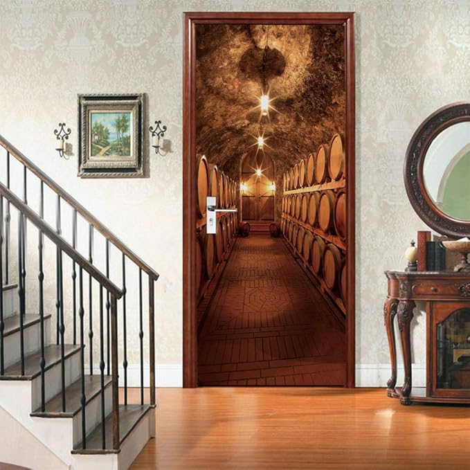 3D Door Stickers Murals Peel and Stick - Wine Cellar Wallpaper Self-Adhesive Decals - Removable PVC Waterproof Poster for Bedroom Living Room 33.9" x 78.7"
