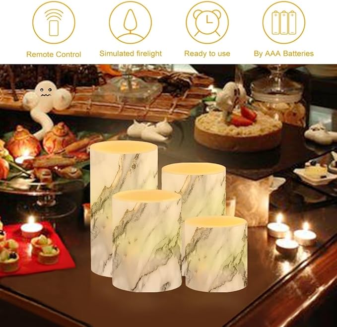 Flameless LED Candles Electric Candles with Remote Timer Control Color Changing Long Lasting Pillar Candles Tealights for Home Indoor Outdoor Decoration Pack of 4, Grey White Marble