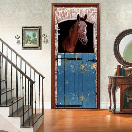 Horse 3D Door Stickers Murals - Peel & Stick - Waterproof & Washable - Matte Finish - Rustic Blue - Rectangular - Indoor - 35.4" x 78.7" - 2 Pieces