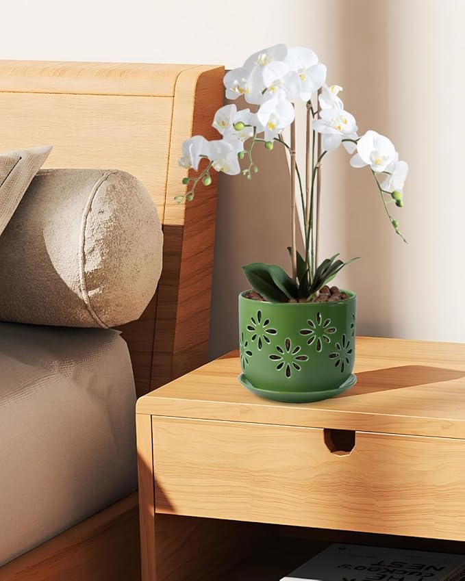 EFISPSS Orchid Pots with Holes,5+6 Inch Ceramic Plant Pots with Drainage Holes and Tray,Enhanced Drainage and Ventilation,Flower Pots for Indoor/Outdoor Plants for Repotting - Green