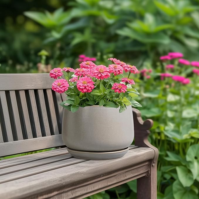 G EPGardening Ceramic Pots for Plants 7 Inch - Large Ceramic Planters for Indoor Plants Outdoor Modern Flower Pot with Drainage Holes and Saucer for Office Garden Patio Grey