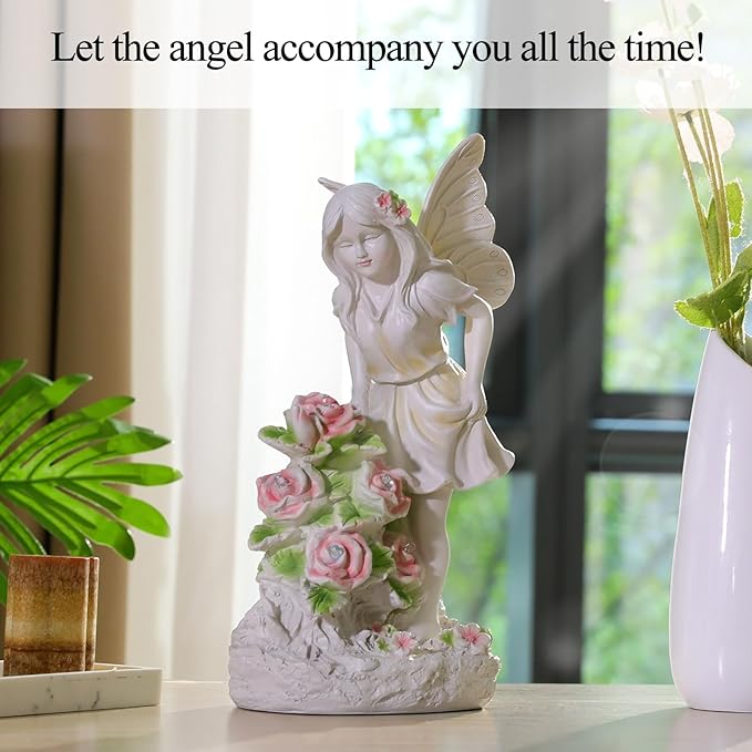 Angel Garden Statue, Guardian Solar Garden Decor with Warm Light, Waterproof Butterfly Angel Figurine with Flowers, Outdoor Garden Decor Sculpture for Lawn Yard Patio Windowsill, White