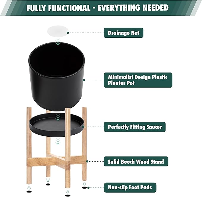 D'vine Dev Planter Pot with Stand - 14 Inch Plastic Cylinder Flower Pot with Wood Planter Holder for Indoor, Matte Black Pot + Natural Stand, 55-C-S-2