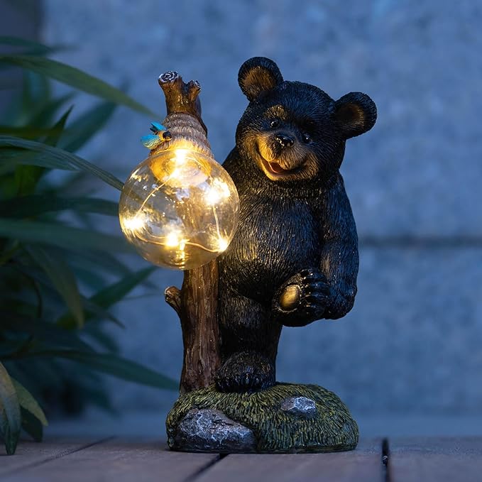 Garden Statues Bear Decor Light,Solar Bear Statue Ourdoor Statue,Animal Garden Decor,Funny Figurine Decor,Outdoor Decor for Patio,Porch,Balcony,Yard,Lawn