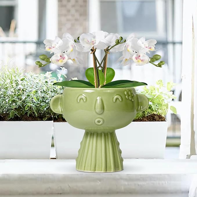 Face Planter Pot - 7 Inch Ceramic Head Planter for Indoor Plants Outdoor, Cute Succulent Flower Pots with Drainage Hole, Room Home Garden Decor, Gardening Gifts, Green