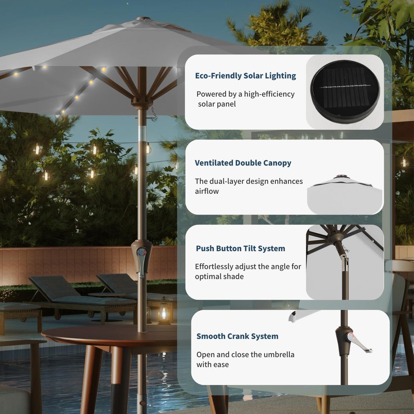 9FT Solar Umbrella 32 LED Lighted Patio Umbrella Table Market Umbrella w/Tilt and Crank, UV-Resistant Outdoor Umbrella for Pool, Garden, Deck, Light Gray