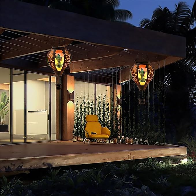 Hot Air Balloon Solar Lantern Outdoor - Flame Hanging Solar Light Waterproof Lanterns for Patio Garden Yard Farmhouse Decor, Great Gift(Hummingbird 2)