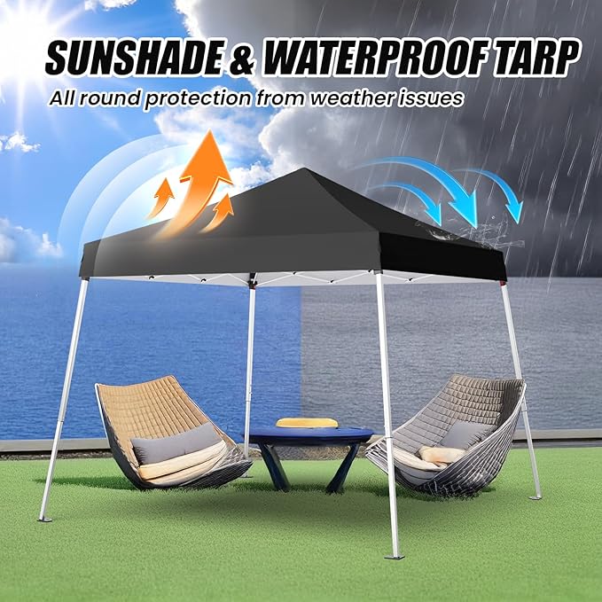 10x10 Pop Up Canopy, 300D Silver Coated Black Fabric Outdoor Gazebo, Beach Tent Slant Legs with Storage Bag,Easy Up Sun Shade Shelter Tents with 8x8 Top Cover for Patio,Party