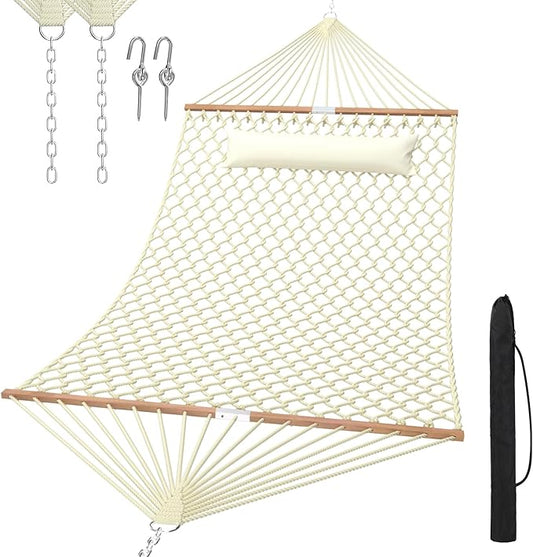 13FT Hammocks, Traditional Hand Woven Cotton Rope Hammock with Free Extension Chains for Outdoor Indoor Patio Yard 450 LSB Capacity for Two Person (Natural)