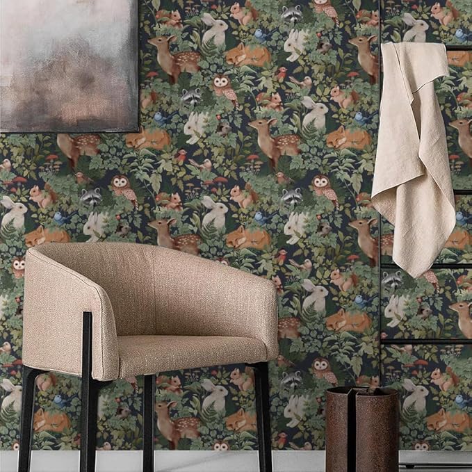 Green Plants Leaf Animal Forest Deer Rabbits Squirrel Owl Peel and Stick Wallpaper Self Adhesive Removable Easy Peel Off Contact Stick on Wall Paper for Bedroom Cabinet Renter Friendly