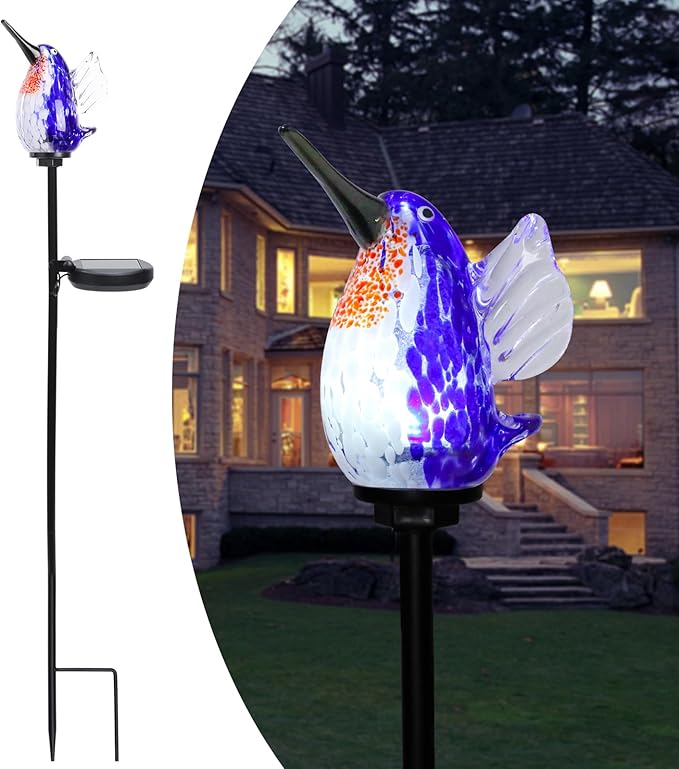 Afirst Decorative Solar Lights Outdoor Solar Hummingbird Stake Lights Hand Blown Glass Decorative Garden Pathway Light Outdoor Waterproof Glass Stakes Blue