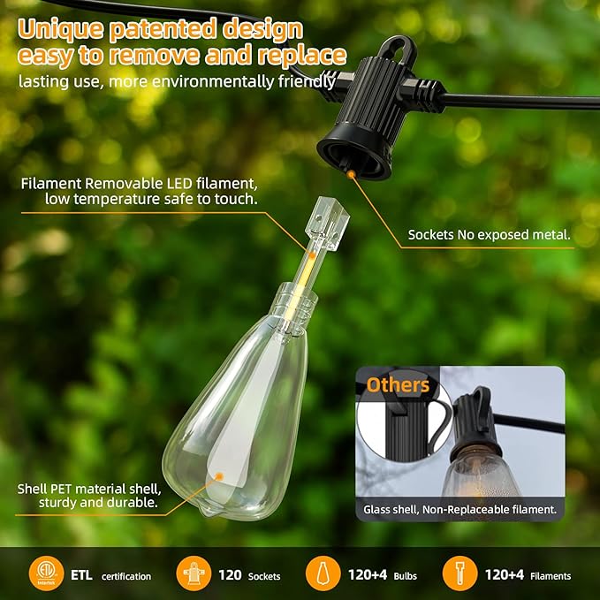 FOOMAN LED Outdoor String Lights, 240FT Outside Waterproof Patio Lights with 120+4 Shatterproof ST38 Edison Bulbs, 2700K Warm White Hanging Light, Dimmable Light for Backyard Garden Bistro Party Cafe