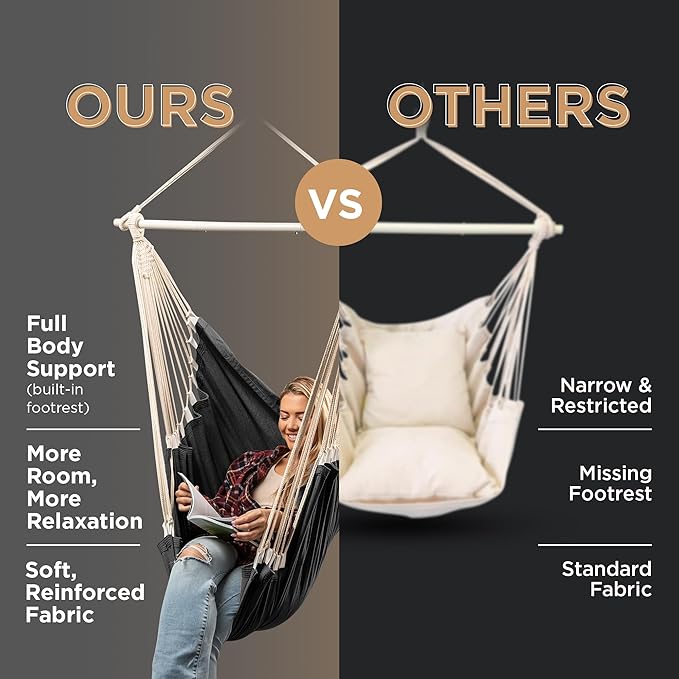 Hanging Hammock Chair Swing – Hanging Chair Outdoor & Indoor - Hammock Swing Chair – Quick & Easy Setup with Hardware Kit – Durable & Spacious Full Body Support – Holds 440 Lbs