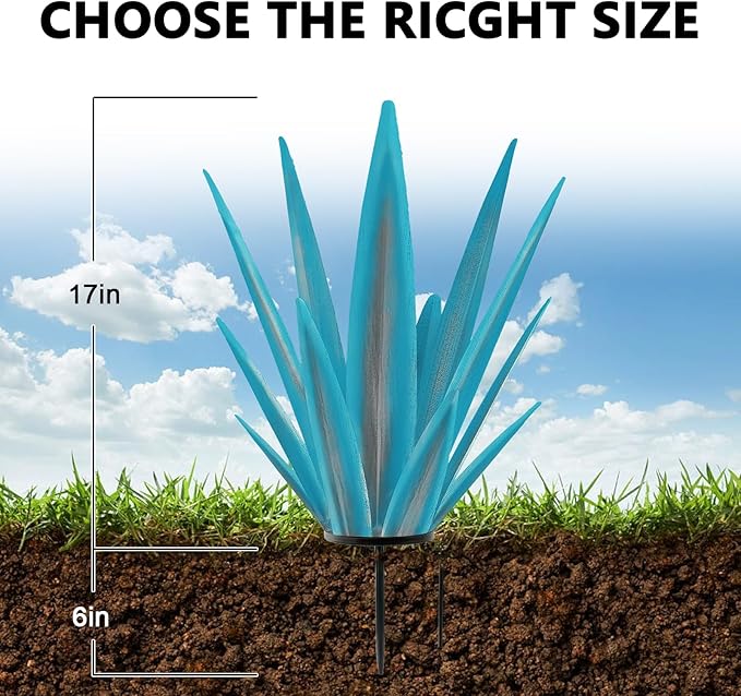 Enlarge Metal Plants Tequila Rustic Sculpture, Outdoor Patio Yard, Home Decor Hand Painted Agave Garden Statue, Outdoor Lawn Ornaments Yard Stakes for Mom Gift (1 Big Blue)