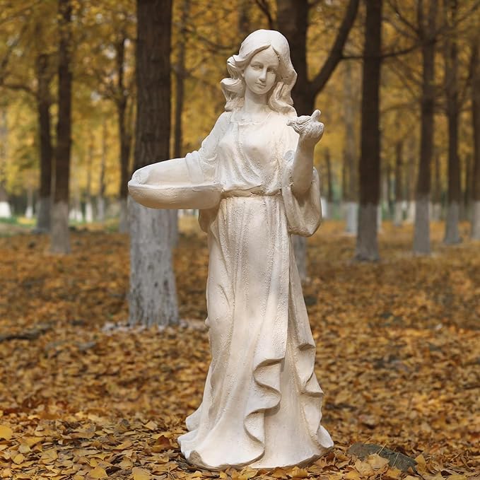 Garden Outdoor Nymph Statue Girl Maid Statue 40 Inch with Birdbath Bird Bath Bowl Magnesium Oxide Sculpture Patio Yard Lawn Decor Ivory
