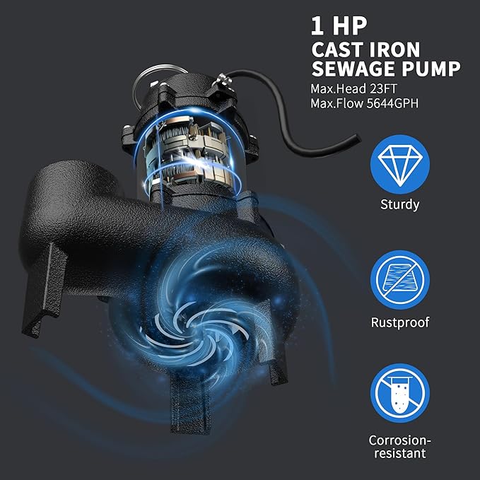 1HP Sewage/Effluent Pump Submersible, 115V 5600 GPH Cast Iron Pump with Automatic Tethered Float Switch, Sump Pump for Sump Basin, Basement, Residential Sewage, 2'' NPT Discharge