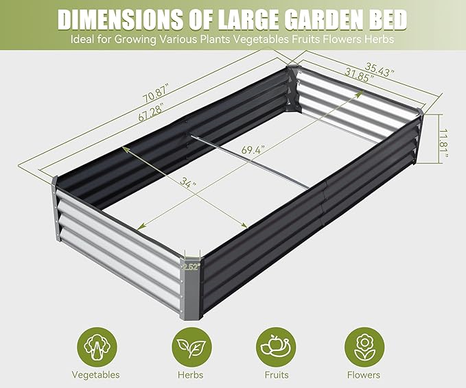 Domi Galvanized Raised Garden Bed, Outdoor Planter Garden Boxes Large Metal Planter Box for Gardening Vegetables Fruits Flowers, Silvery (6x3x1ft)