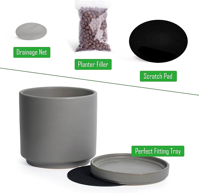 D'vine Dev 4.6 Inch & 6 Inch Ceramic Planter Pots for Plants with Drainage Hole and Saucer, Small Plant Pots Set, Speckled Grey, 94-G-S-3