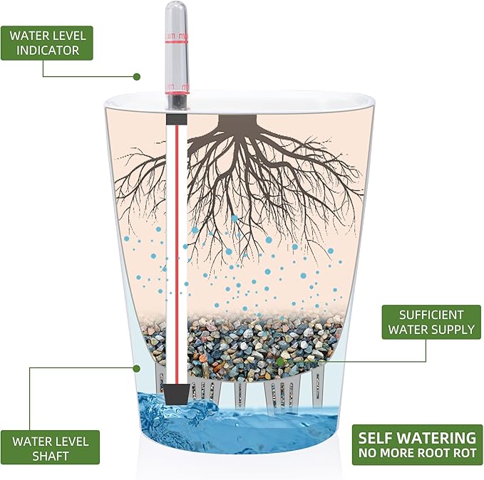 Dexceder 6x7 Self Watering Planter Indoor Outdoor, High Gloss Table Flower Plant Pot with Water Level Indicator (White)