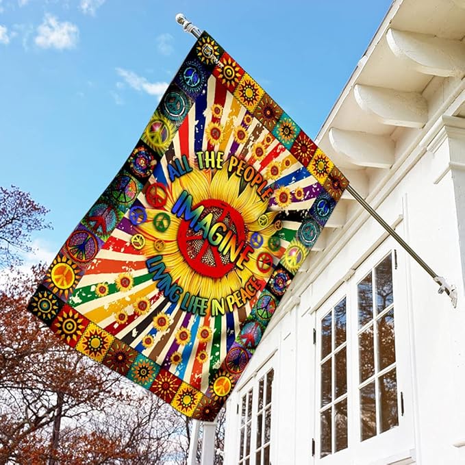 FLAGWIX Flags - Imagine All The People Living Life In Peace Hippie Sunflower Flag DDH1826F, House Flag (29.5" x 39.5") - USA House Garden Flags Premium Polyester - Decorative Outdoor Flags